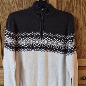 St. John's Bay Mens Large BROWN Cream Nordic Fairisle Knit Sweater 1/4 Zip